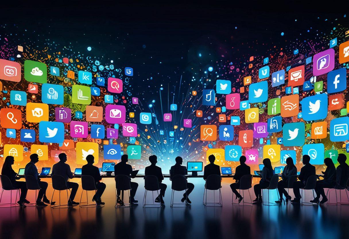 A vibrant digital landscape depicting diverse people collaborating and sharing ideas through glowing screens and connected devices. Each individual represents different cultures, showcasing camaraderie and networking in a community hub. The background features colorful icons of various social media and content sharing platforms symbolizing a thriving digital ecosystem. super-realistic. vibrant colors. 3D.
