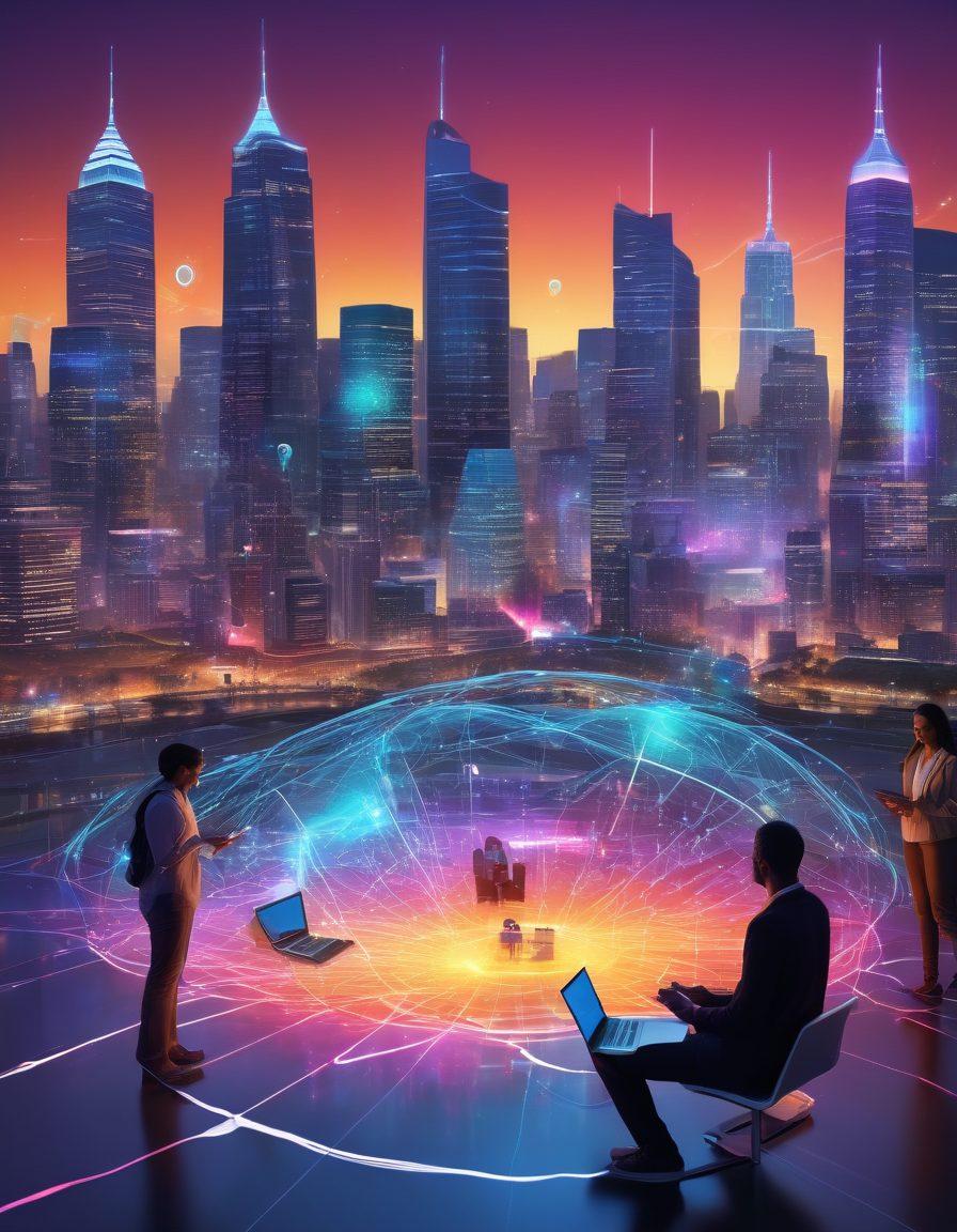 A vibrant digital landscape showcasing diverse individuals engaging in networking activities, connected by glowing lines indicating resource sharing. Include virtual platforms, laptops, and colorful dialogue bubbles representing ideas. The background features a futuristic city skyline, symbolizing community growth. super-realistic. vibrant colors. 3D.