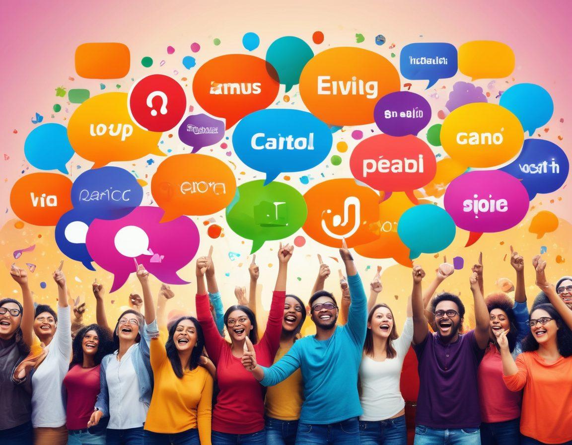 An engaging digital landscape showing diverse community members interacting through various content mediums like videos, blogs, and forums. Include elements like speech bubbles filled with exciting ideas and thumbs up icons, to symbolize interaction and support. Centralize a vibrant Filar logo to signify community spirit. Rich, energetic colors to evoke enthusiasm. dynamic composition. vibrant colors. super-realistic.